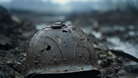 weathered military helmet resting on muddy ground, bearing bullet holes and rust, powerfully representing war's devastating legacy and abandoned battlefields