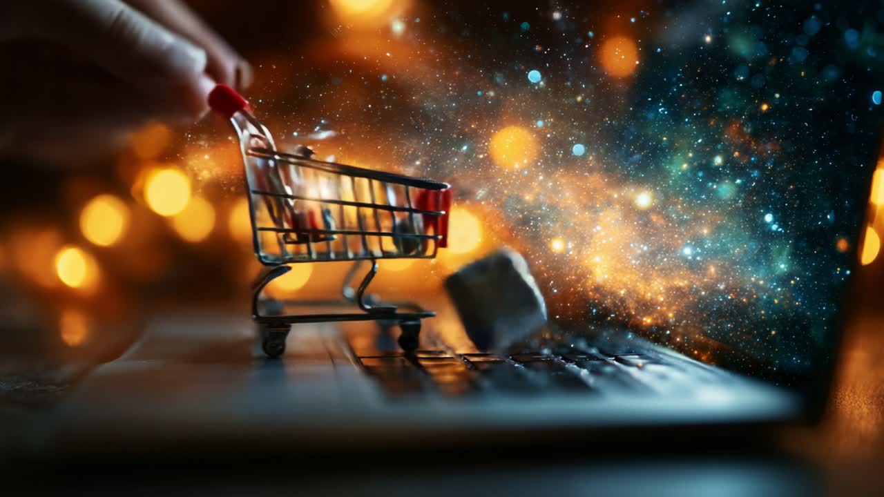A Whimsical Journey Through the Digital Cosmos: A Shopping Cart Navigates the Infinite Universe of Online Shopping on a Laptop Surrounded by Sparkling Lights