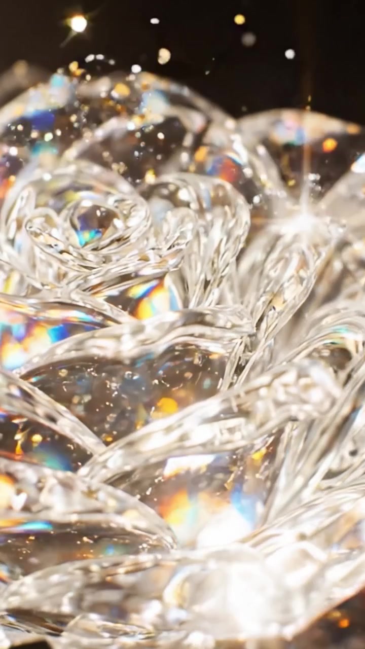 Un Primo Piano Accattivante di una Splendida Rosa di Cristallo che Riflette Luce e Scintillii Colorati, Mostrando Dettagli Intricati e Squisita Maestria