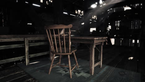 old wooden chair and table in a dusty barn