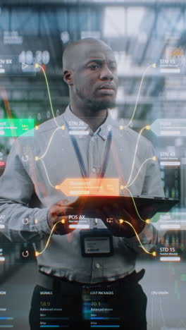 african american man analyzing data on a tablet with futuristic digital overlay in a tech control room