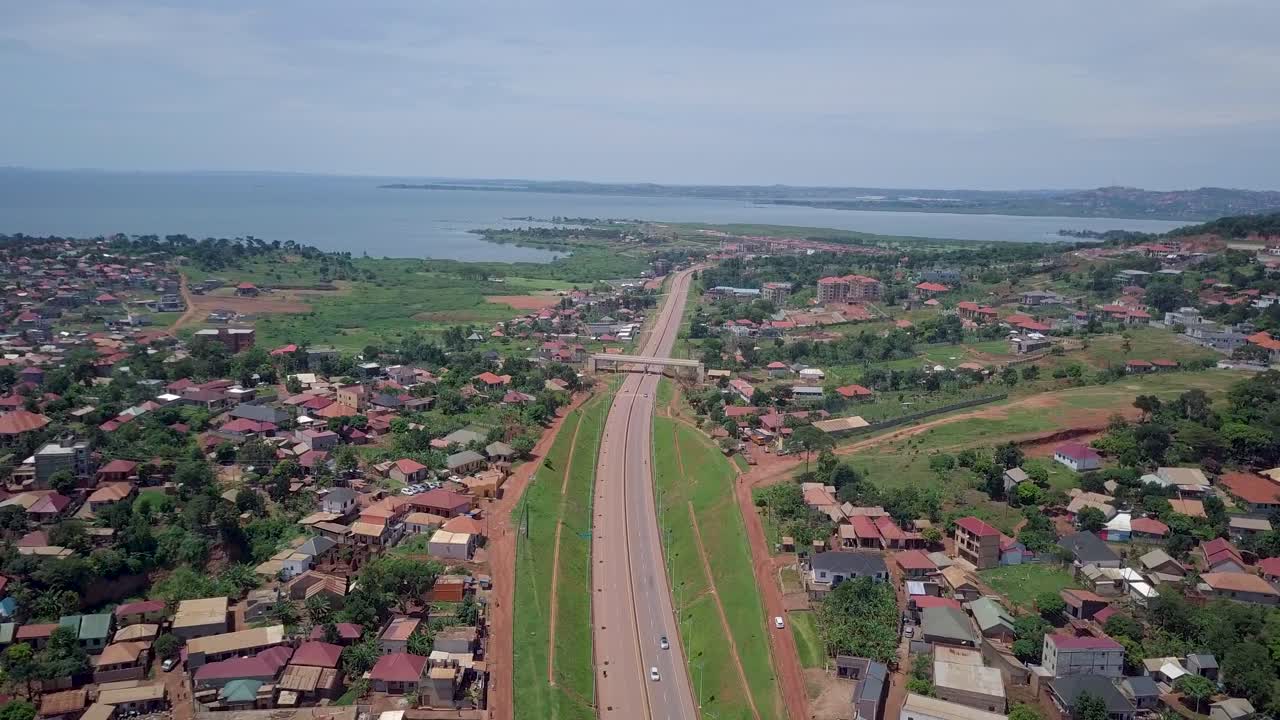 Chinese-built Kampala-Entebbe Expressway In Uganda, Kampala Southern Bypass Highway, Africa. Aerial Drone Shot