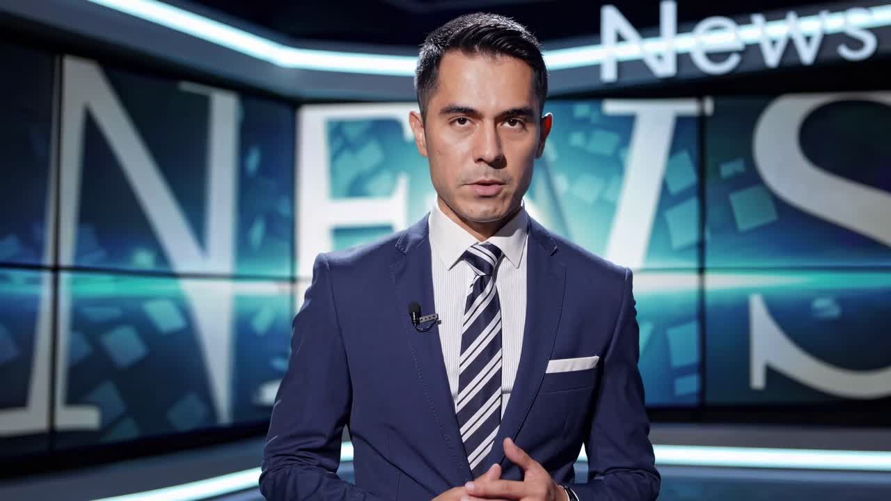 Presentador de noticias en traje de pie en un estudio moderno, capturado desde un ángulo frontal