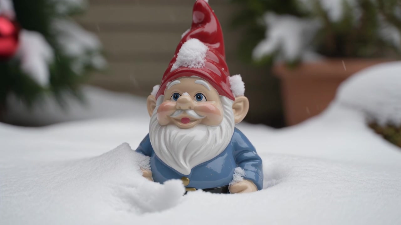 Fiocchi di neve che cadono e si accumulano su un nano da giardino in ceramica con cappello rosso e cappotto blu, in giardino, un ornamento