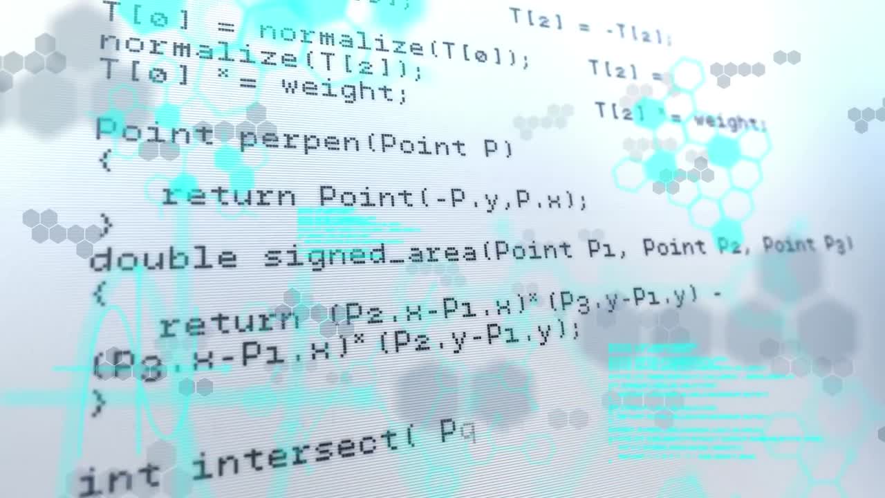 Animation of blue hexagons over data processing on grey background