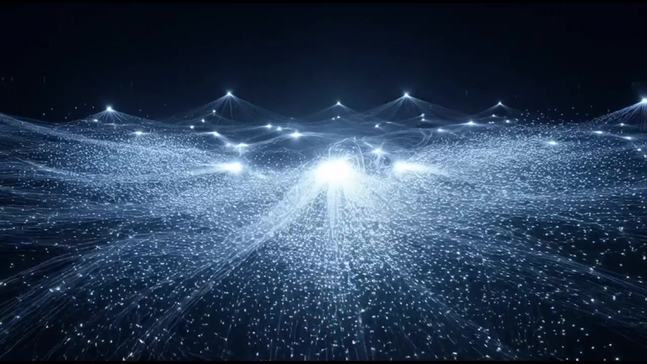 光るデータノードを接続する抽象的なデジタルネットワーク。