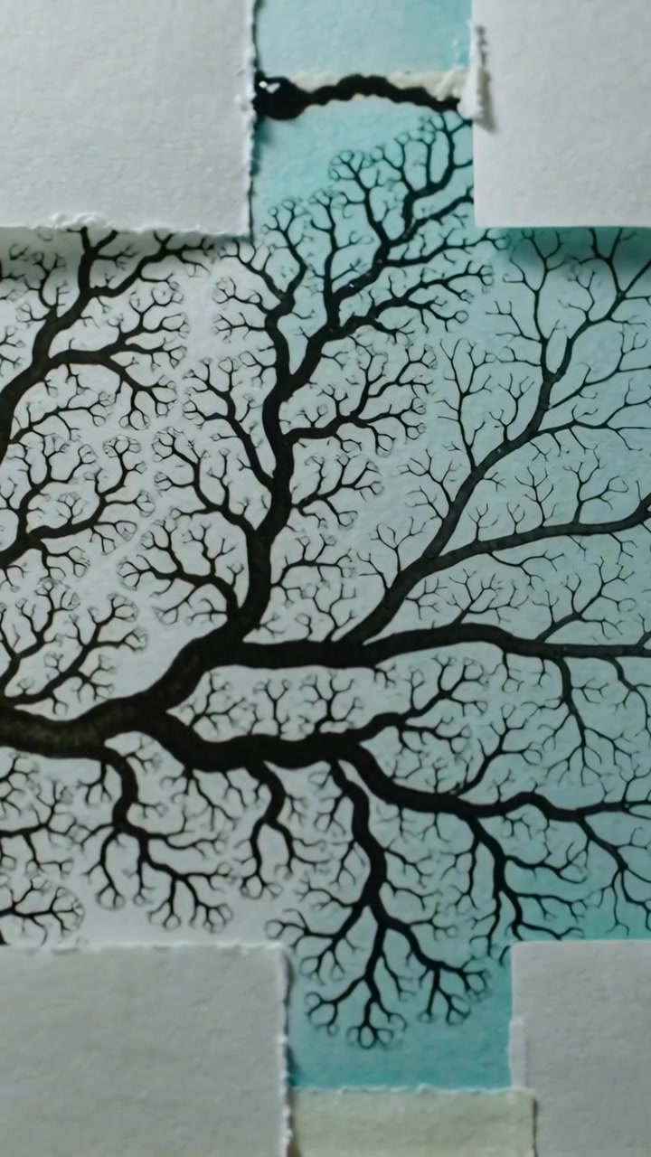 Vertical video: Camera panning revealing black tree on table, torn paper, teal backing, to show art