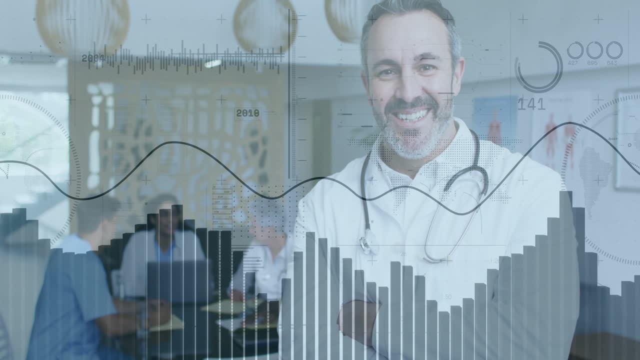 male doctor wearing stethoscope smiling in clinic meeting, team analyzing animated bar charts