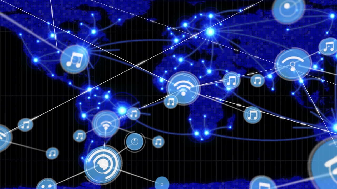 animación de la red de conexiones con iconos de recepción de música y wifi