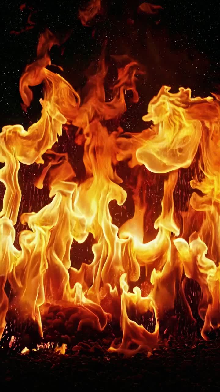 Video i nærbillede af intense flammer, der danser mod en mørk baggrund, filmet fra en lav vinkel.