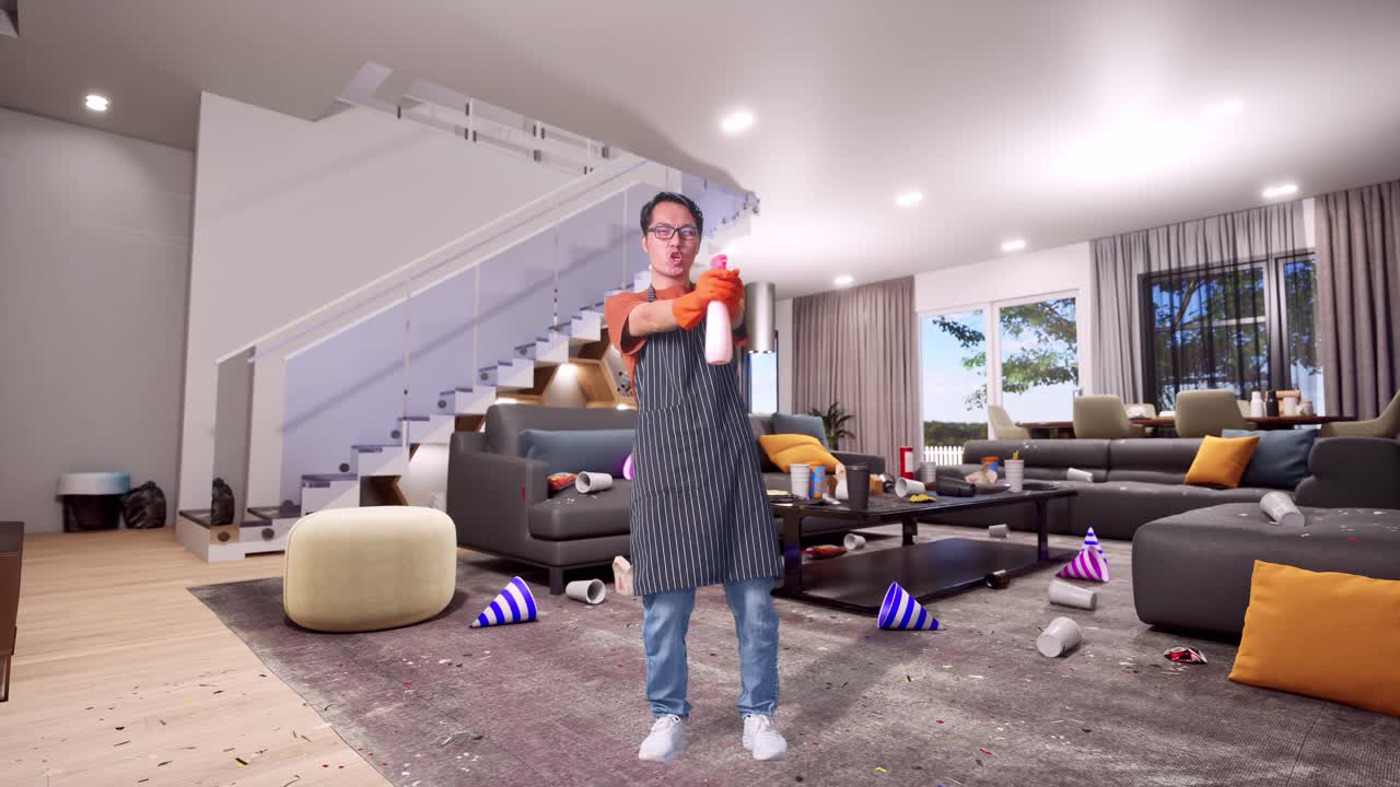 Full Body Of Funny Asian Male Housekeeper With An Apron Using A Spray While Standing In House