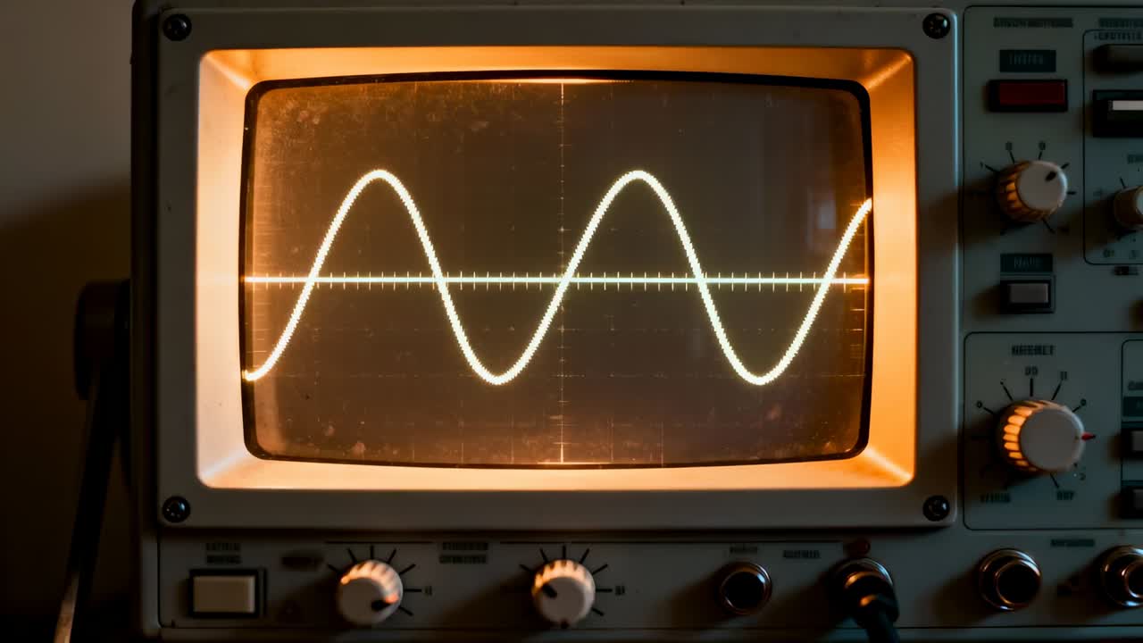 Receiving power cord, vintage oscilloscope displaying steady sine wave on wood table, green probe