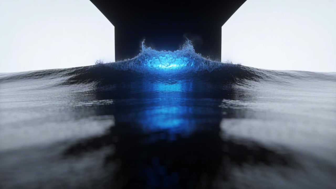 Onda luminosa central ascendente, brilho azul se intensificando sob saliência escura, produzindo espuma e borrifos.