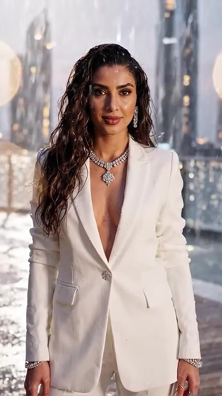 Mulher elegante de terno branco posa com confiança sob arranha-céus de uma cidade chuvosa, exibindo moda e graça em um cenário urbano glamoroso com joias cintilantes