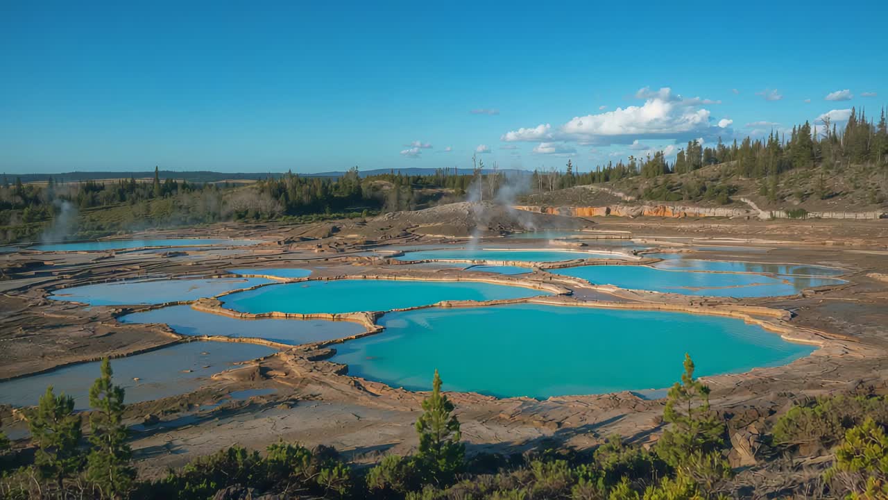 Starting forward drift drone showing turquoise thermal pools, terraces, steam over geothermal basin
