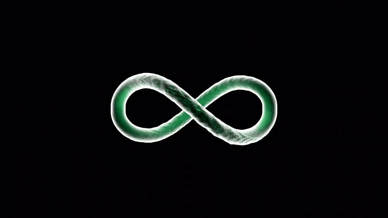 Moving infinity sign on black background. Design. Ribbed edges of 3d moving spirals in form of infinity. Looped infinity spiral with scales