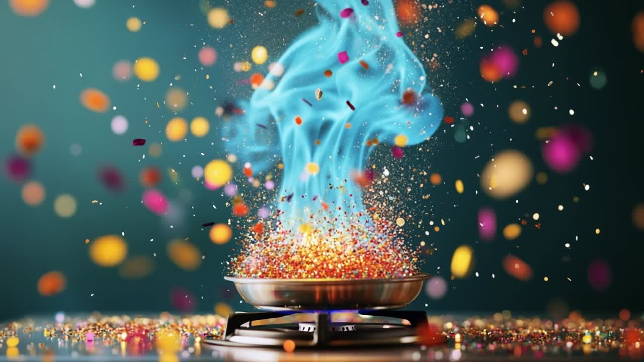 Cooking with vibrant colors and magic. Colorful sparks and steam rise from a pan on a stove, creating a magical and festive atmosphere in the kitchen.