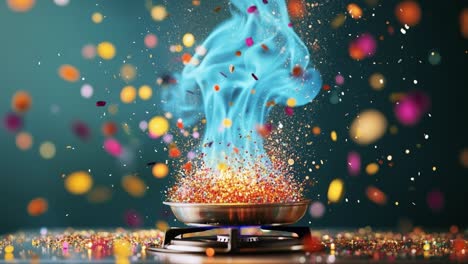 cooking with vibrant colors and magic. colorful sparks and steam rise from a pan on a stove, creating a magical and festive atmosphere in the kitchen.