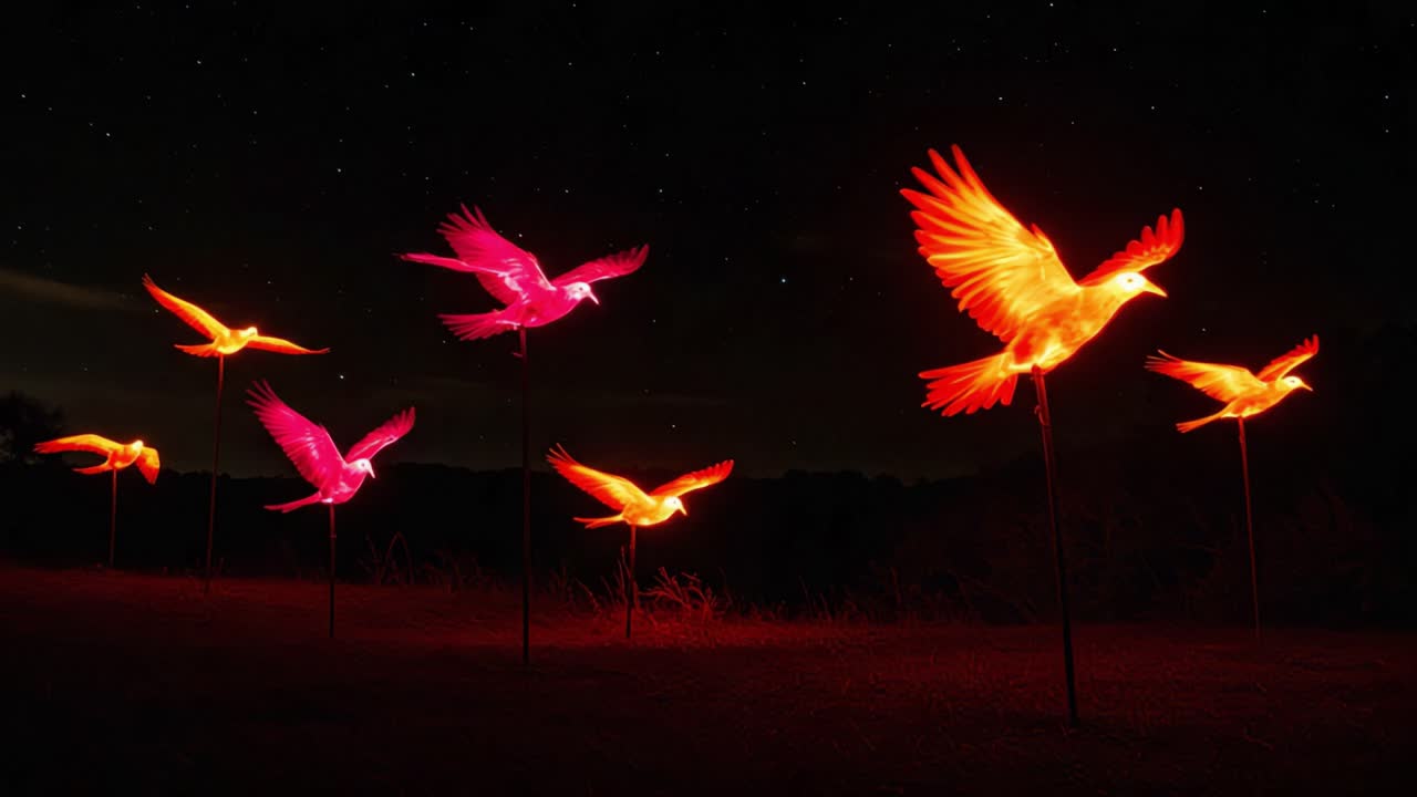 A Group of Illuminated Birds Gliding in the Night Sky, Creating a Mesmerizing Display of Light and Color Against a Starry Background
