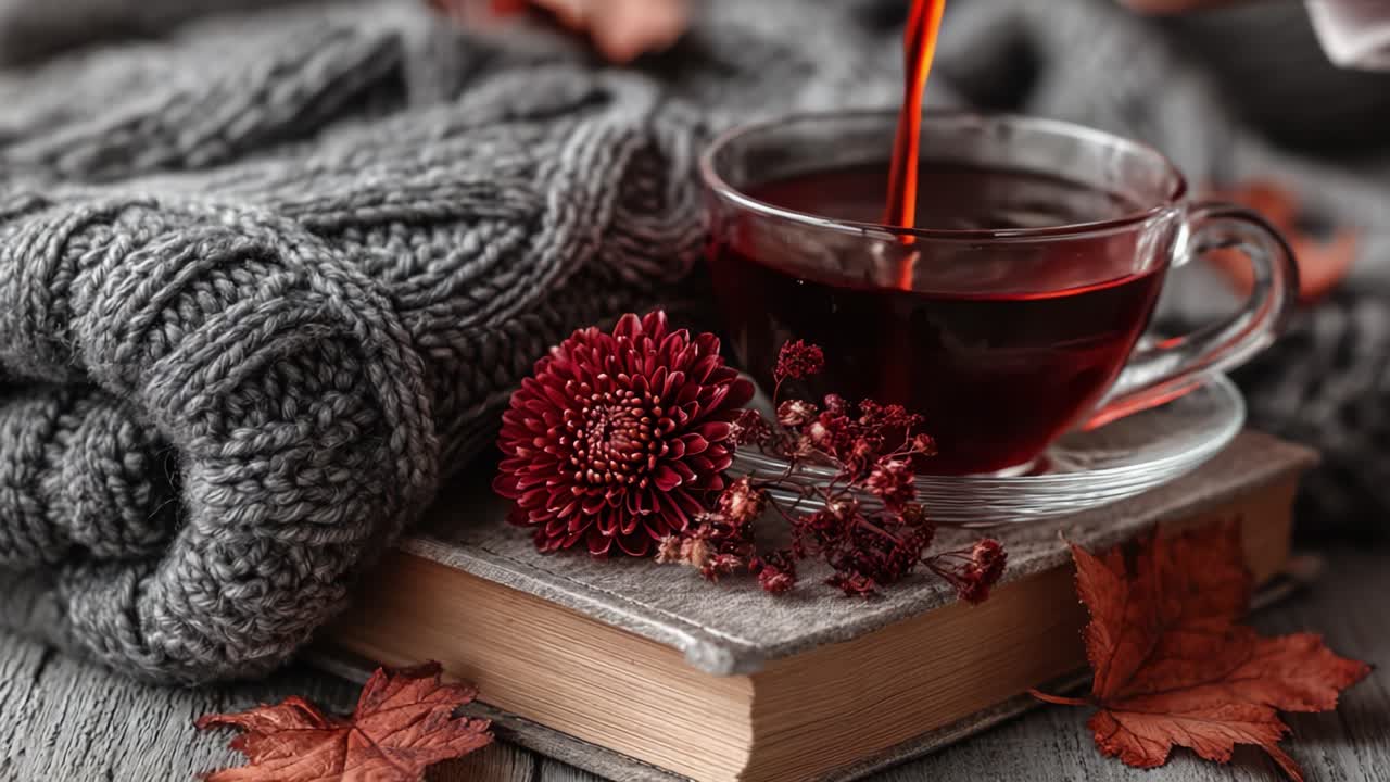 Una scena autunnale accogliente con tè caldo, un morbido maglione lavorato a maglia, fiori vivaci ed elementi di libri rustici per un'atmosfera stagionale perfetta