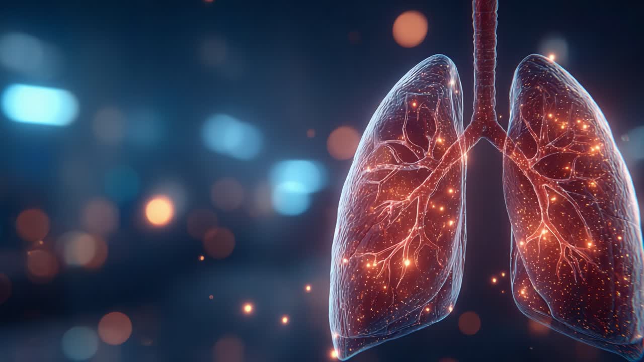 Una straordinaria visualizzazione dei polmoni che mette in mostra le intricate strutture bronchiali evidenziate da particelle luminose, sottolineando l'importanza della salute respiratoria