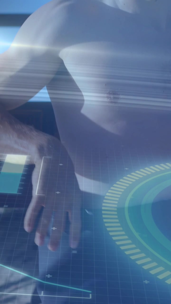 Animation of digital data processing over caucasian surfer