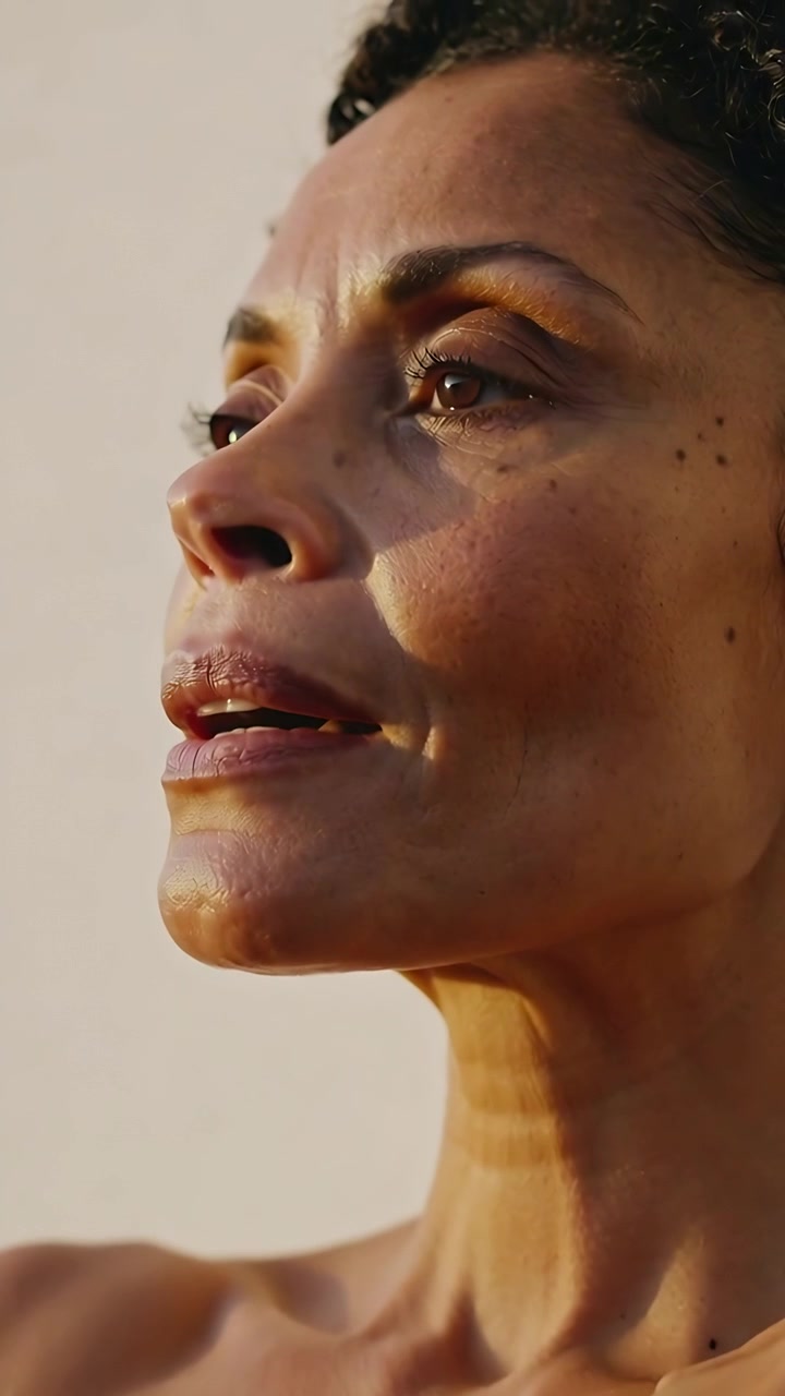 Vídeo vertical: Mulher expirando, abrindo os olhos, baixando a mão e se acalmando ao ar livre sob a luz do sol, com ombros descobertos