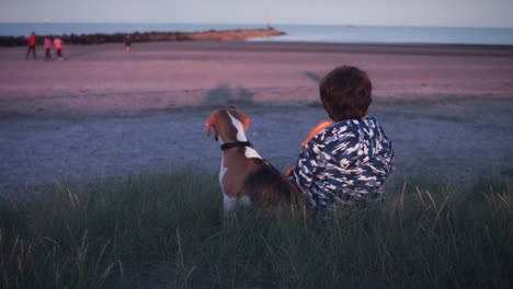 4k outdoor seaside child and dog looking at sunset