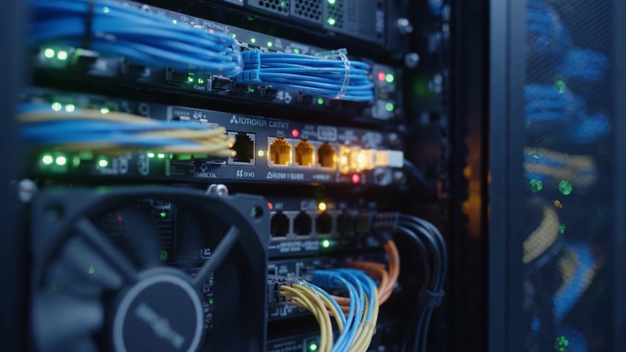 Intricate Network of Data Centers: A Close-Up View of High-Performance Server Equipment with Blue and Yellow Cables Illuminated by LED Indicators