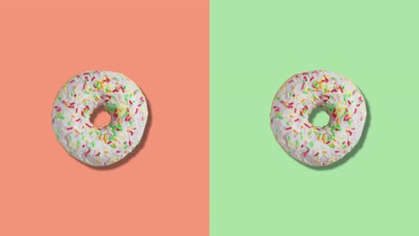 two rotating donuts on orange and green screen divided into two parts.