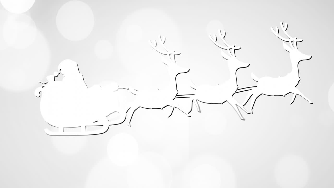 Animation of light spots over santa claus in sleigh with reindeer on white background at christmas