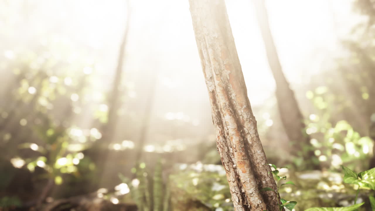 숲을 가로질러 흐르는 빛이 나무 줄기를 비추고 있습니다.
