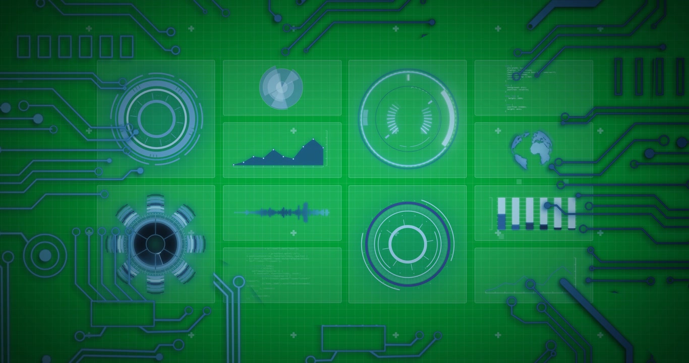 Digital interface with data processing against microprocessor connections on black background