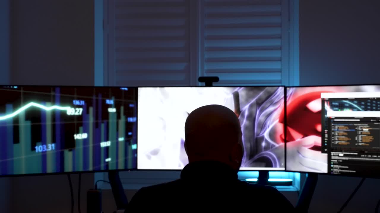 una persona se sienta frente a un trío de pantallas de computadora interconectadas, encarnando el concepto de un esfuerzo de negociación en el hogar o diario