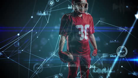 animación de un jugador de fútbol americano a través de una red de conexiones y datos diversos