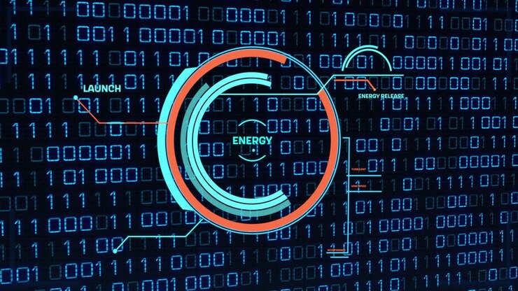 Binärcode-Hintergrund mit Animation der Energiedatenverarbeitung und Fortschrittsanzeigen.