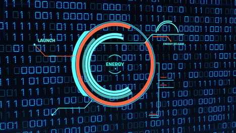 background di codice binario con animazione di elaborazione dei dati energetici e indicatori di progresso