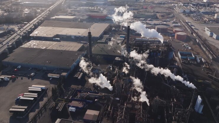 Industrial complex in hamilton with smokestacks, aerial view
