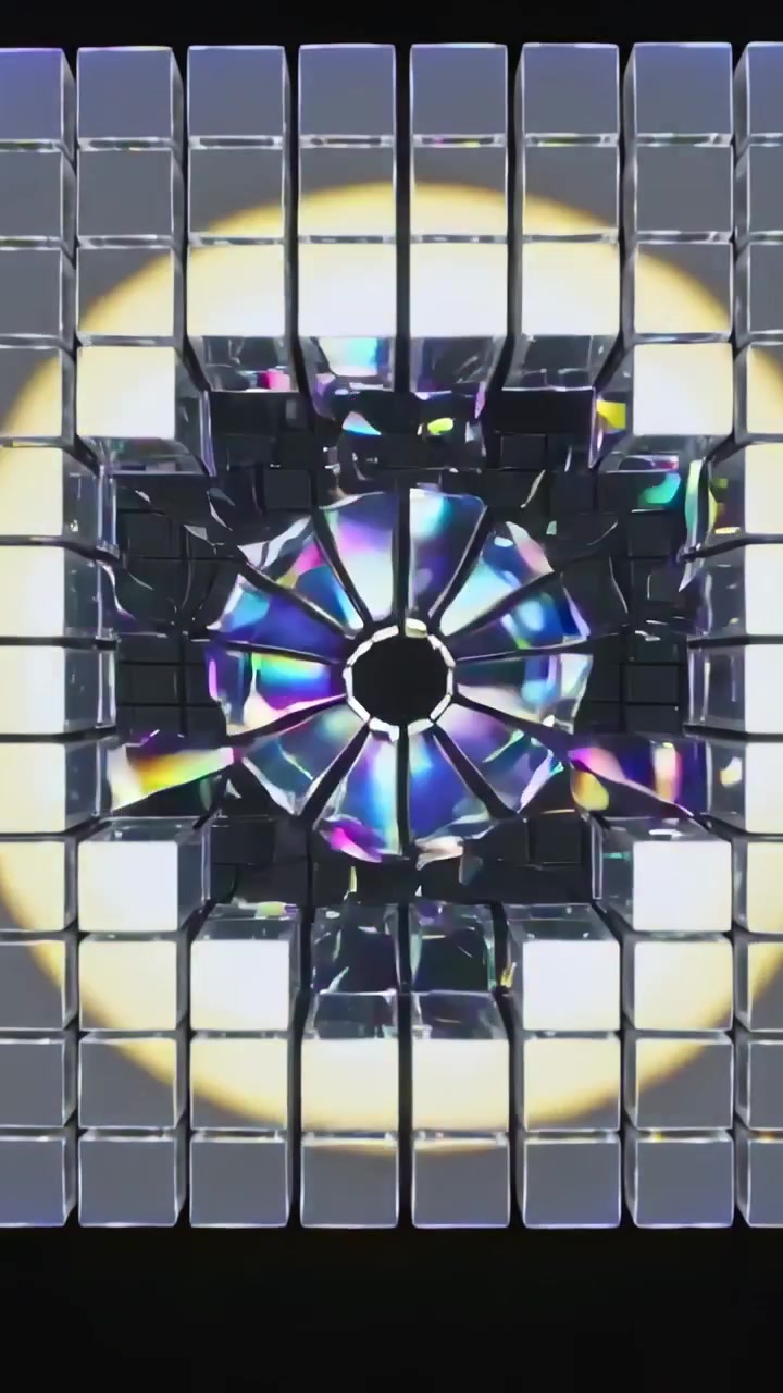 Vertical video: Shifting center gap causing tile grid folding into round void in expo with mesh rim
