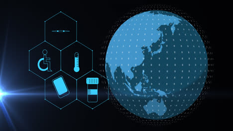 Animation-Medizinischer-Symbole-Und-Globus-Auf-Schwarzem-Hintergrund