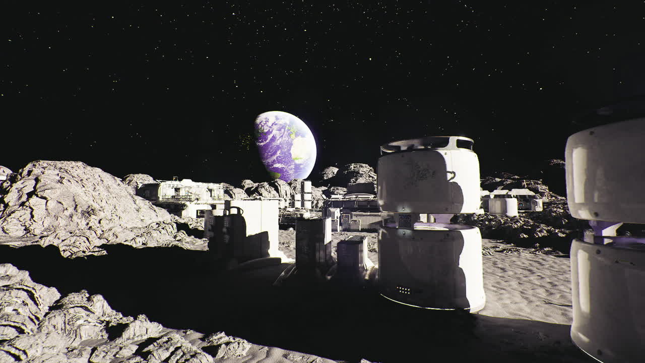 Operações de mineração de superfície na superfície lunar com equipamentos e plumas de poeira
