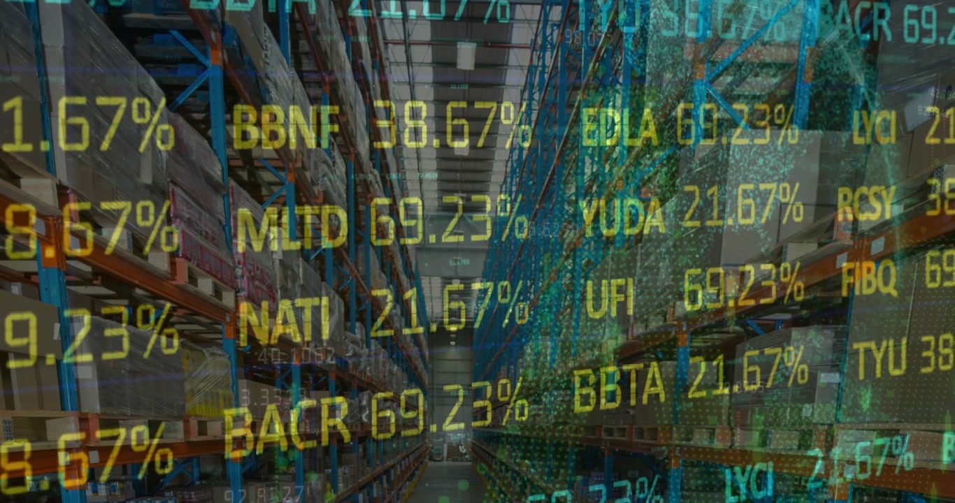 Animation von Börsen- und Finanzdatenverarbeitung über einer leeren Lagerhalle