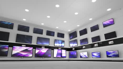 interior of electronics store with synchronized video playing on screens of multiple televisions