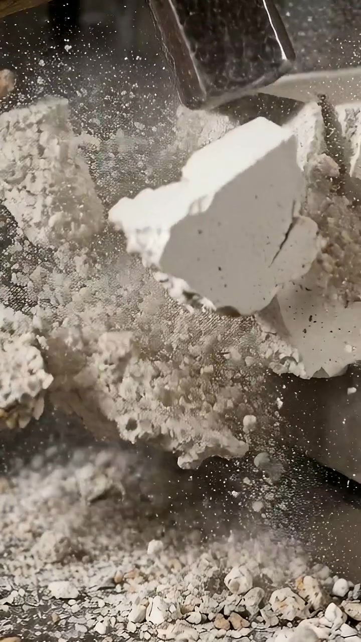 Video verticale: Martello che colpisce e rompe blocchi bianchi in laboratorio, sollevando polvere verso un pannello.