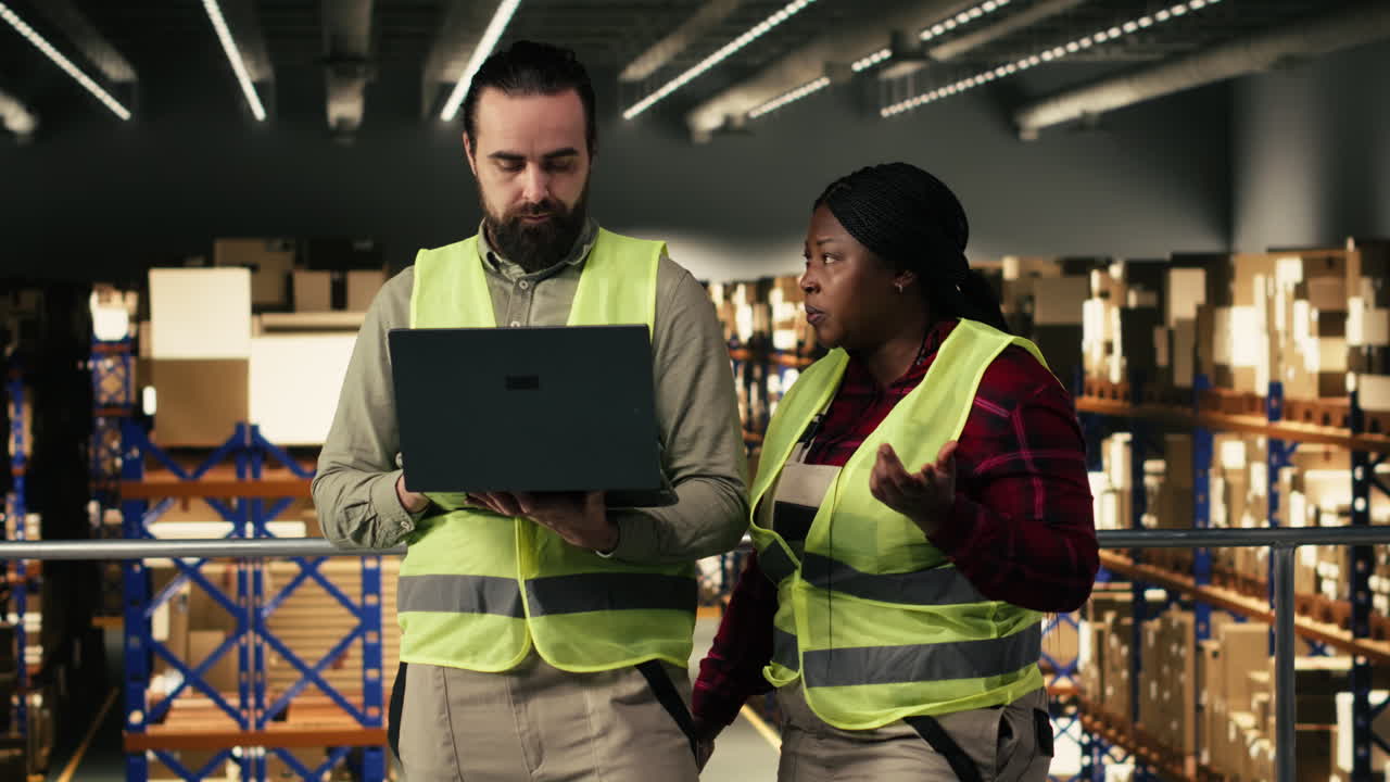 Warehouse Workers Collaborating and Using Laptop for Inventory Management