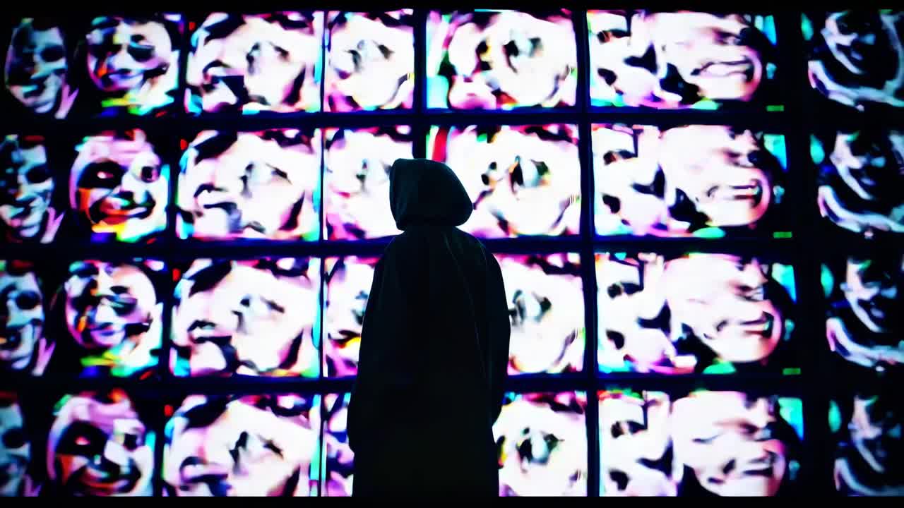 Silhouette of a person in front of glitchy video screens, shot from a low angle