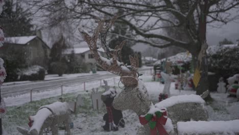 close of footage of a reindeer christmas lawn decoration during a light snowfall in a residential neighborhood in british columbia canada