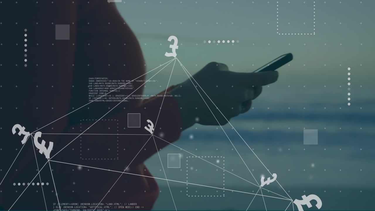 스마트폰을 사용하는 백인 여성에 대한 통화 표지, 네트워크 및 데이터 처리의 애니메이션