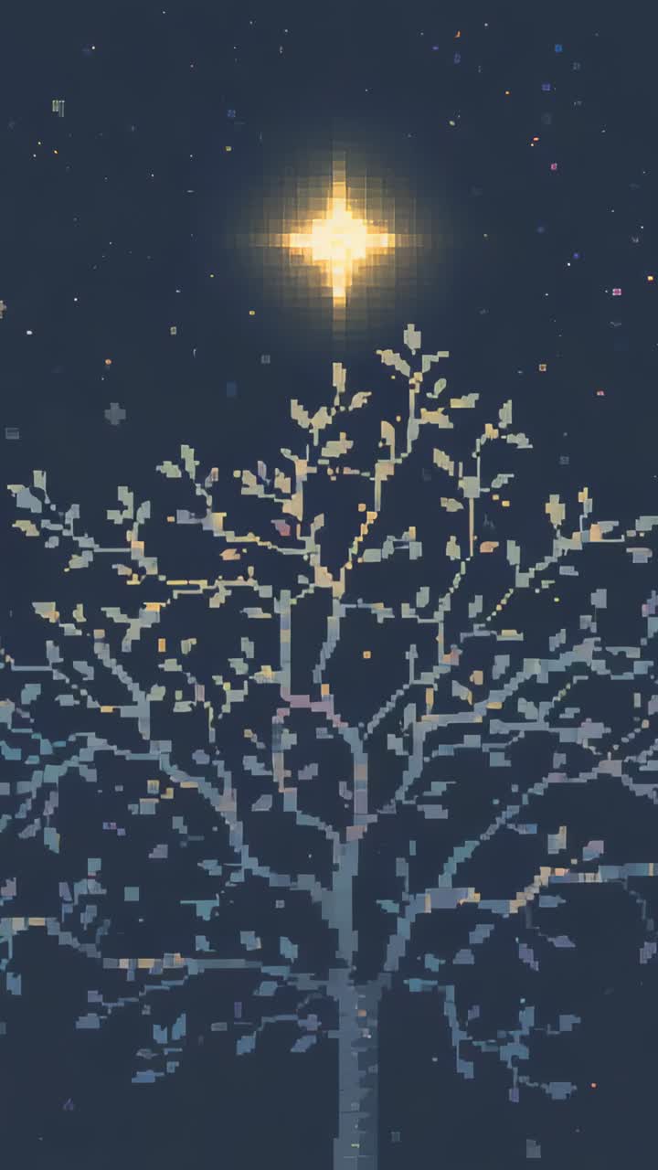 Vertical video: Pulsing golden star aligning above bare pixel tree in night sky, pixels drifting
