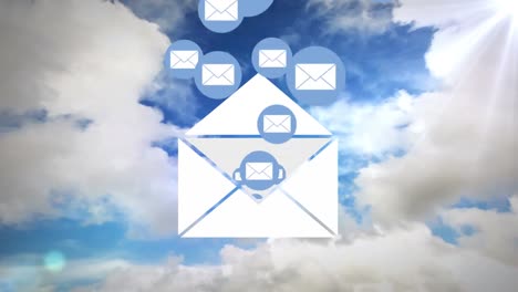 message icon floating against shining sun and clouds in the blue sky